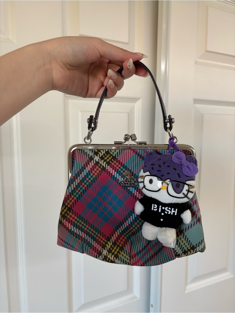 Vivienne Westwood Pink & Teal Plaid Frame Top-Handle Satchel